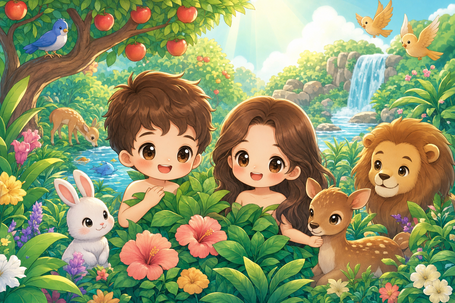 에덴 동산에서 함께 지내는 아담과 하와, 인물 일관(짧은 갈색 머리 아담·긴 갈색 머리 하와)