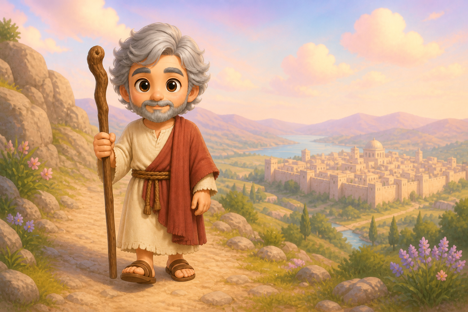 산에서 내려올 준비를 하는 엘리야, 위에는 따뜻한 빛