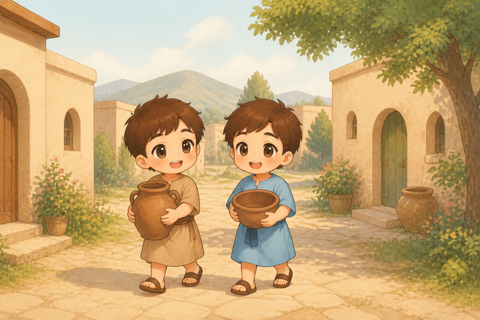 이웃에게 빈 그릇을 빌리는 아이들