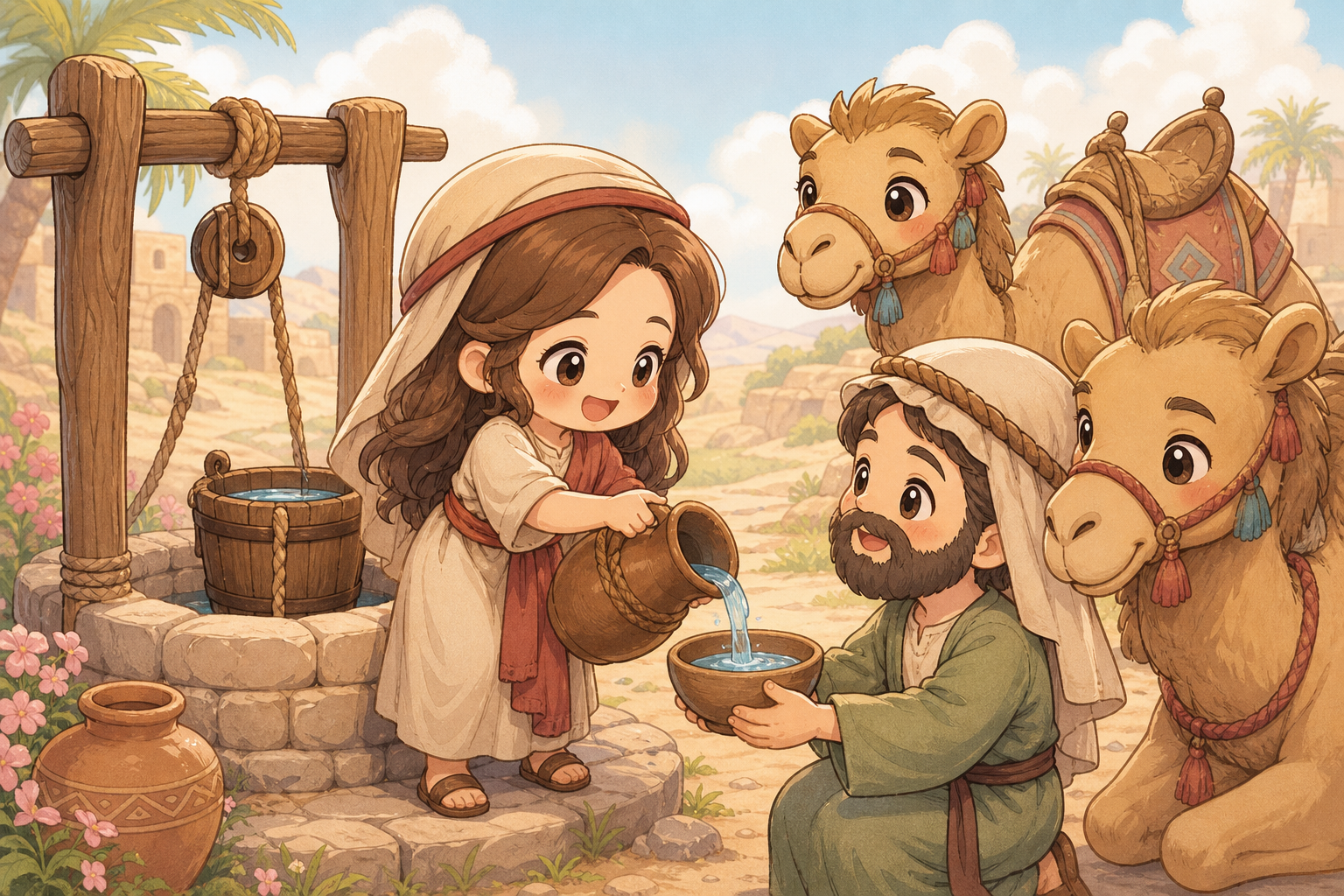 리브가가 물 긷고 낙타에게도 주는 모습